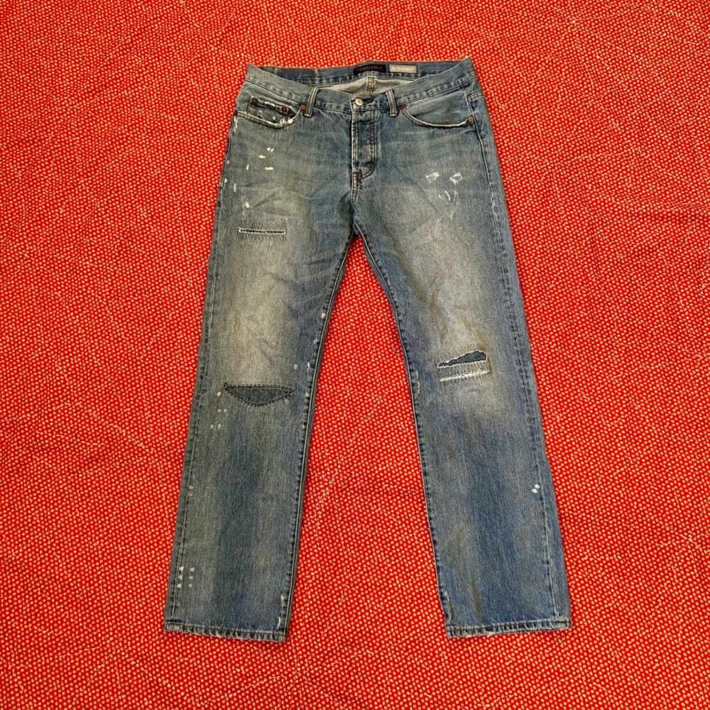 Aeropostale Mens Straight Leg Distressed Patchwork Denim Jeans Blue 33x32